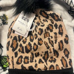 Kids Leopard Pattern Beanie with Black Pom